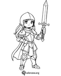 Chibi knight in armor holding a sword, printable coloring page for kids from colorcove.org.