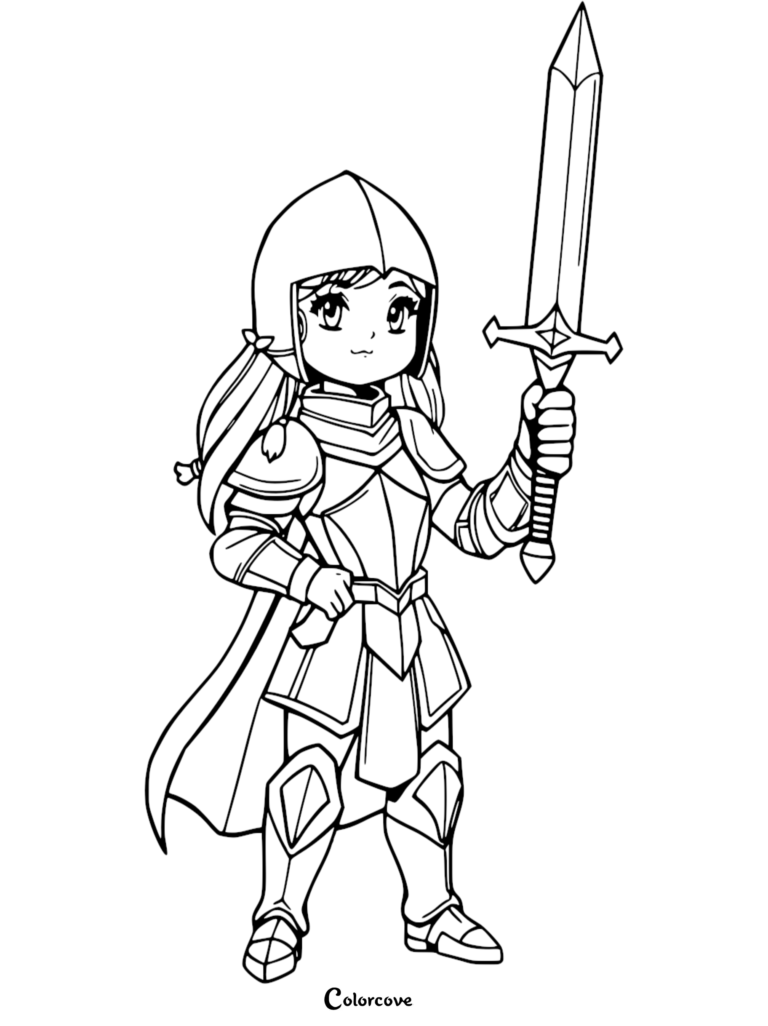 Un lindo Caballero Chibi con Armadura de placas sosteniendo una espada en alto, destacado en una página para colorear gratuita.