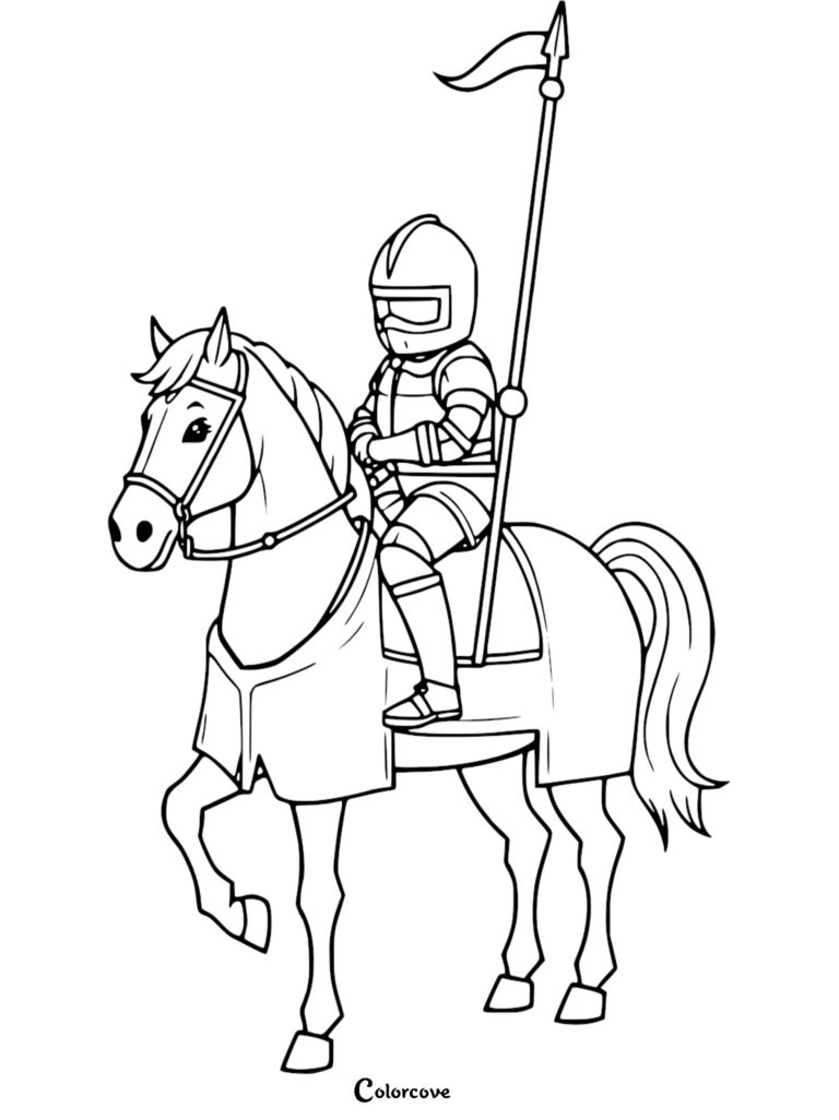 Un Caballero con armadura completa montando un caballo con una Lanza, página para colorear.