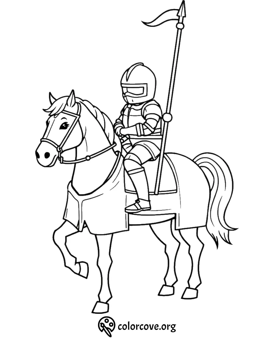 Coloring page featuring a knight in armor riding a horse with a lance, ideal for children's imaginative play.