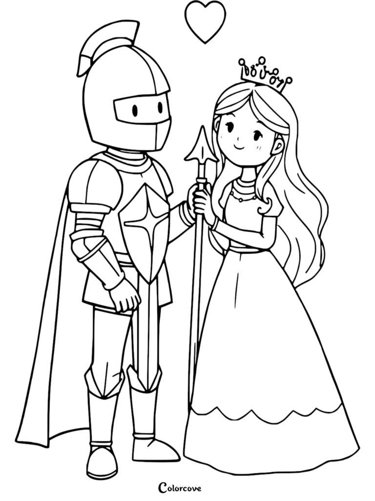 Un caballero con armadura completa de pie junto a una Princesa usando una corona, presentado en una página para colorear imprimible.