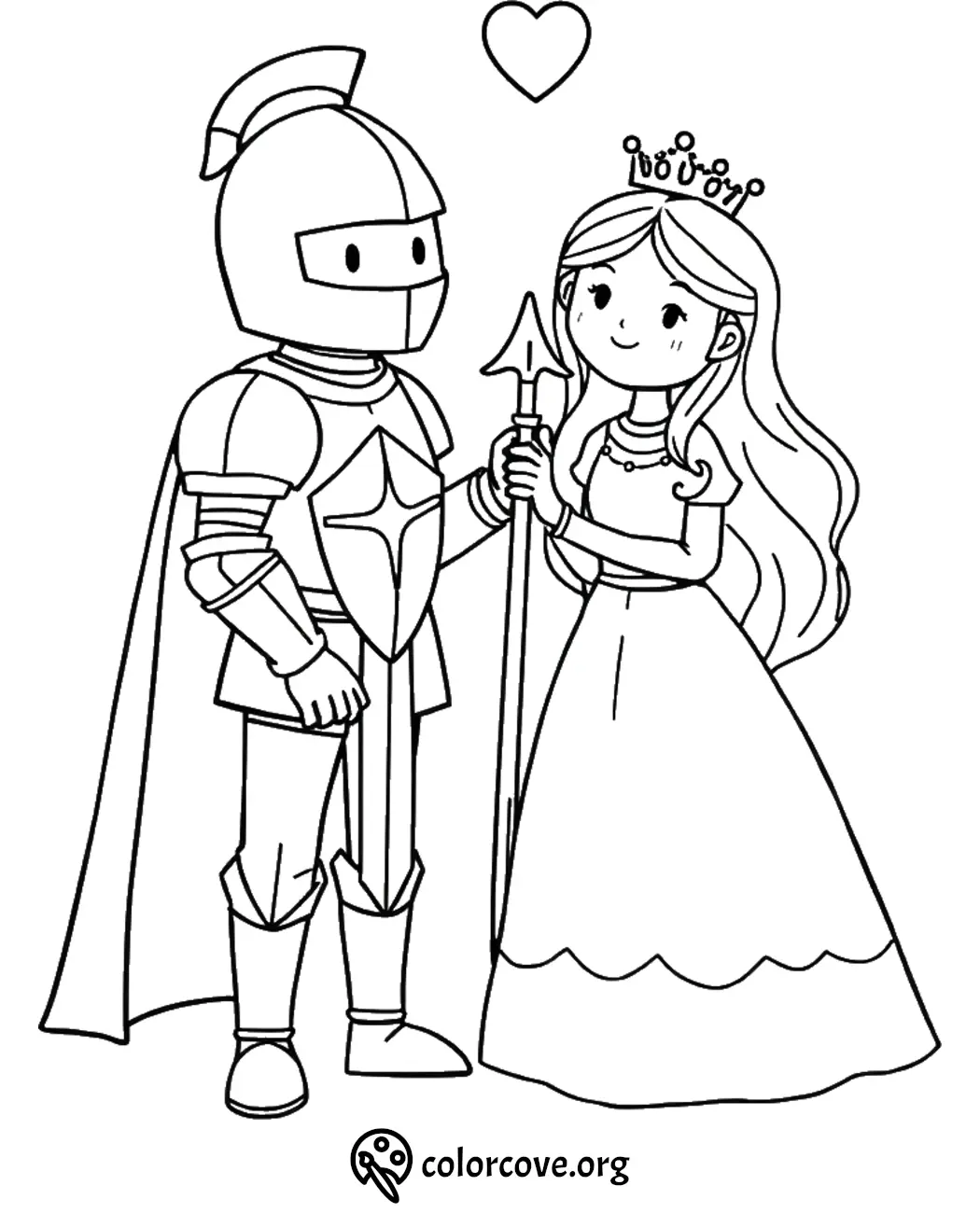 Knight and princess coloring page with heart symbol, featuring medieval armor and a gown for kids' creative fun.