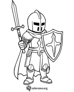 Knight coloring page with sword and shield, suitable for kids, featuring medieval armor and courageous pose.