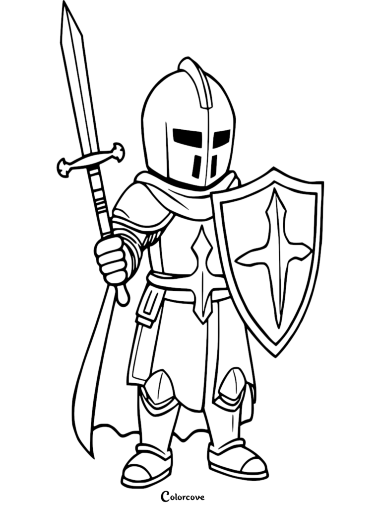 Un caballero de dibujos animados sosteniendo una espada y un escudo en esta página para colorear imprimible.