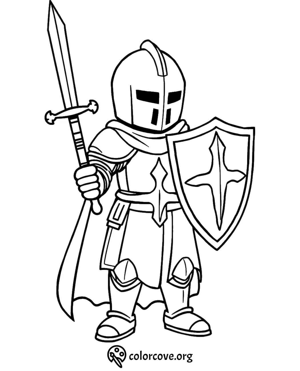 Knight coloring page with sword and shield, suitable for kids, featuring medieval armor and courageous pose.