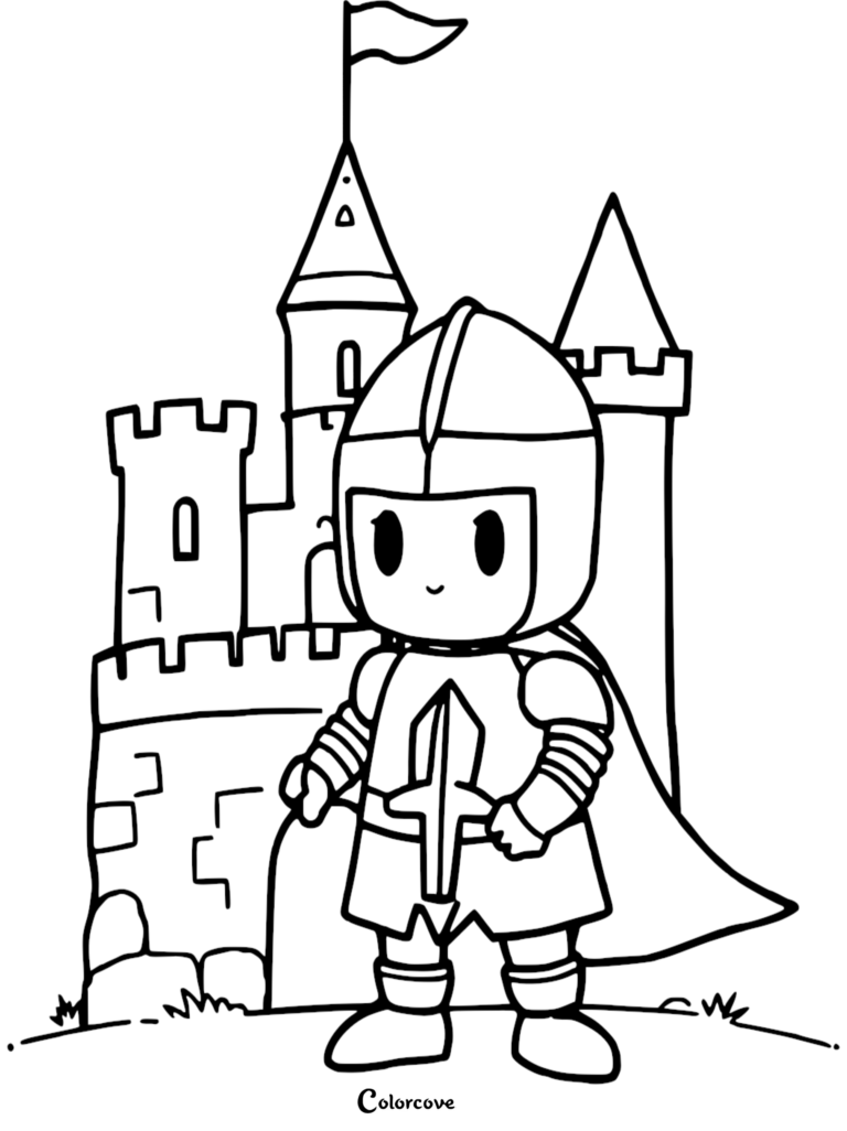 Un lindo caballero Chibi de pie frente a un castillo medieval, página para colorear imprimible.