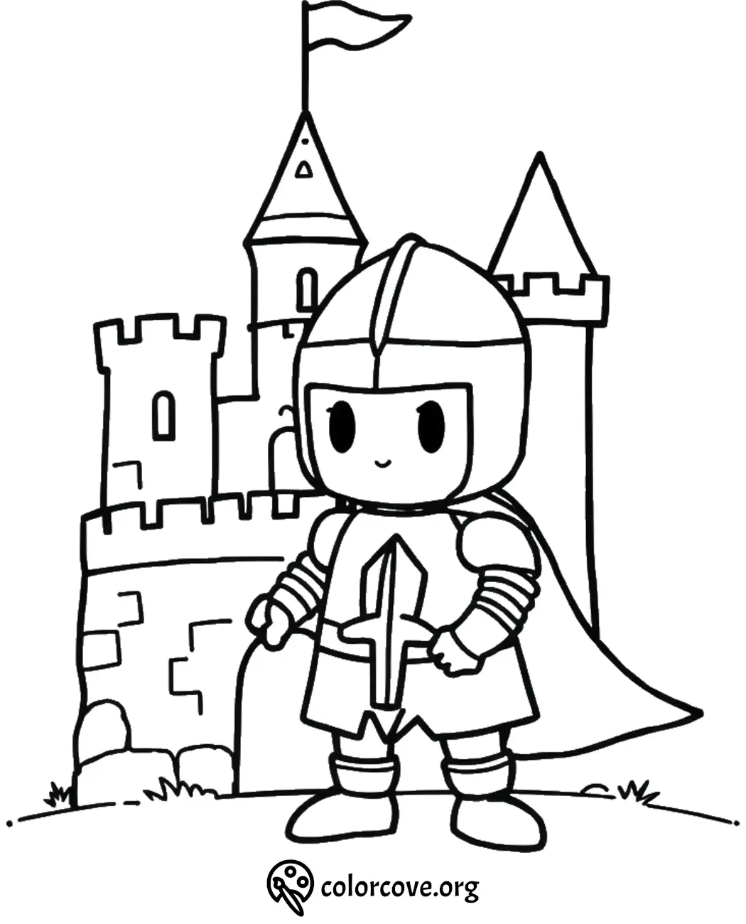 Knight coloring page with a castle background for kids. Printable medieval adventure theme.