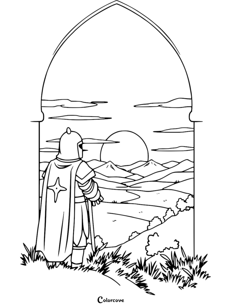 Un caballero con armadura y una capa con patrón de estrellas de pie en un arco de piedra mirando una puesta de sol sobre las montañas en esta página para colorear imprimible.