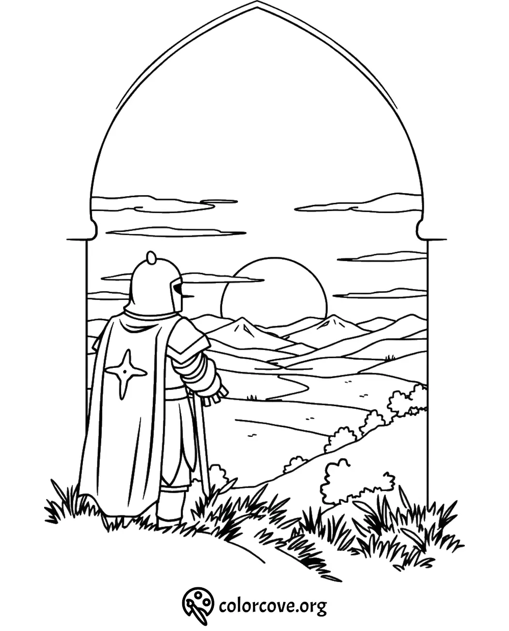 Knight gazes at sunset over rolling hills and mountains, framed by gothic arch, coloring page from colorcove.org.