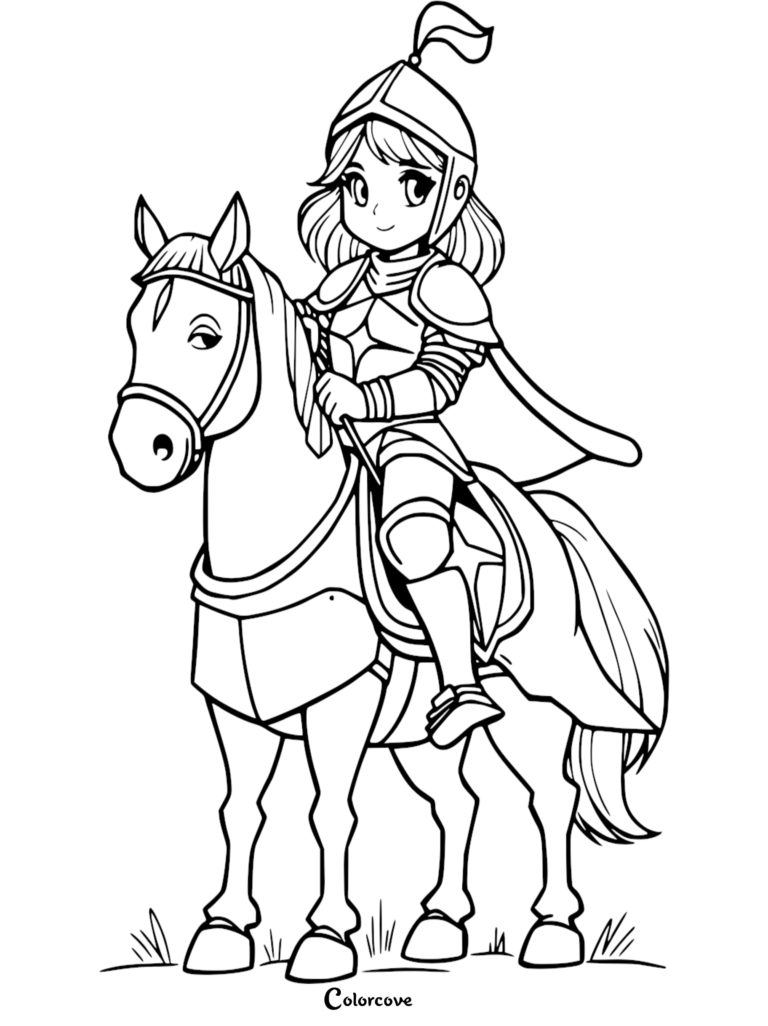 Un lindo Caballero estilo anime con armadura brillante montando un caballo, destacado en esta página para colorear gratuita.