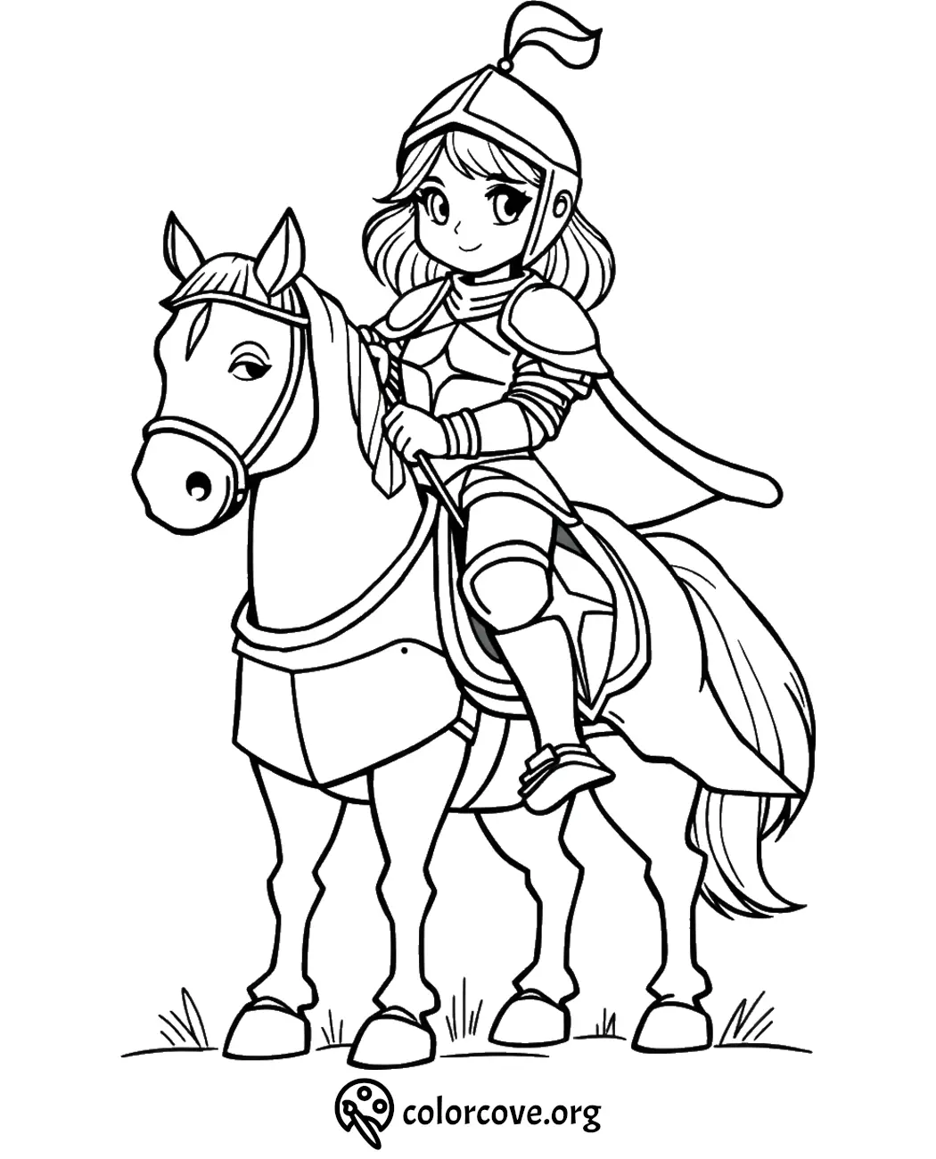 Knight on a horse coloring page: kid-friendly medieval fantasy scene for coloring fun.