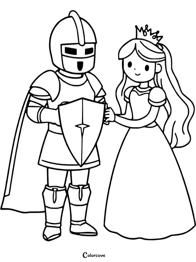 Un caballero con armadura completa sosteniendo un escudo con una Princesa usando una corona en esta página para colorear imprimible.
