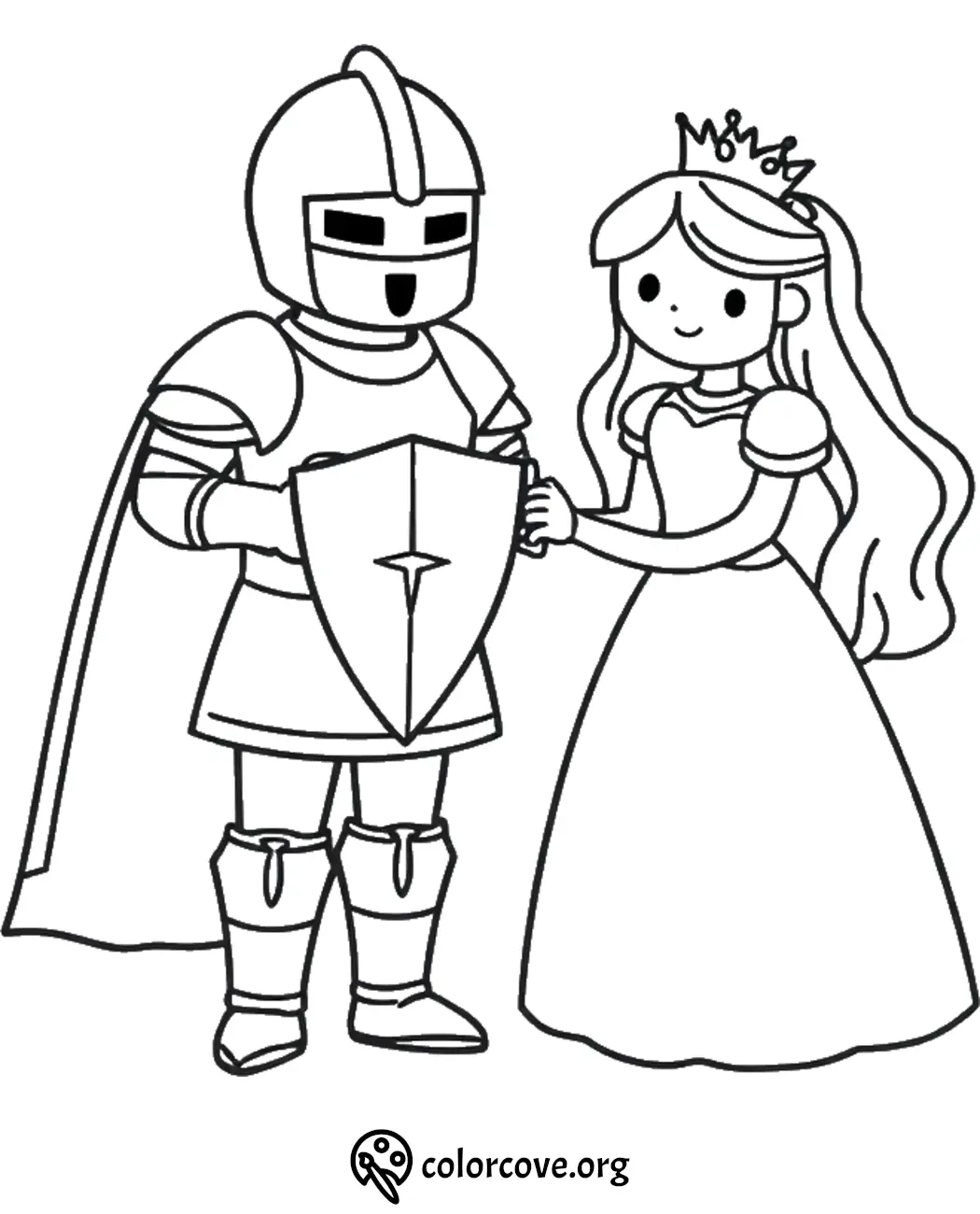 Knight and princess coloring page for kids. Fun fairy tale theme illustration to color.