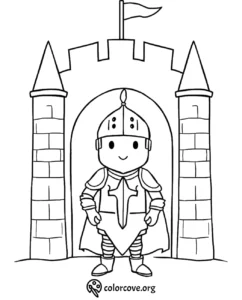 Knight in armor stands at castle gate, ready for coloring. Perfect for kids' medieval-themed coloring activity.