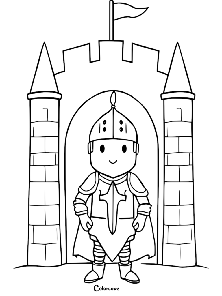 Un lindo caballero de dibujos animados de pie frente a la puerta de un castillo de piedra en esta página para colorear imprimible.