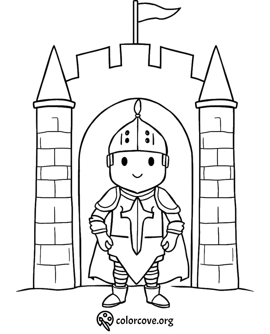 Knight in armor stands at castle gate, ready for coloring. Perfect for kids' medieval-themed coloring activity.