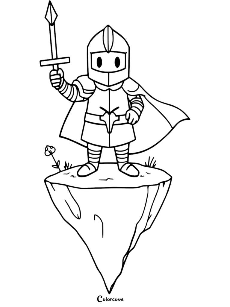 Un lindo Caballero Chibi de pie en una isla flotante sosteniendo una espada en alto, destacado en esta página para colorear gratuita.