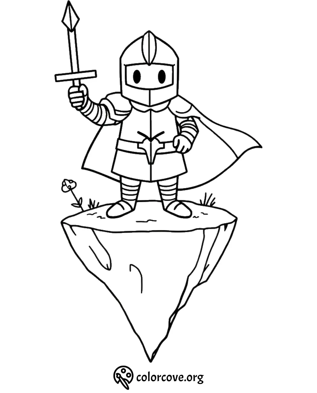 Knight coloring page with helmet and sword on floating rock, perfect for kids' creative adventure.