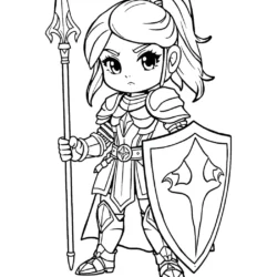 Chibi warrior girl with shield and spear coloring page, ideal for kids' creative coloring activities.