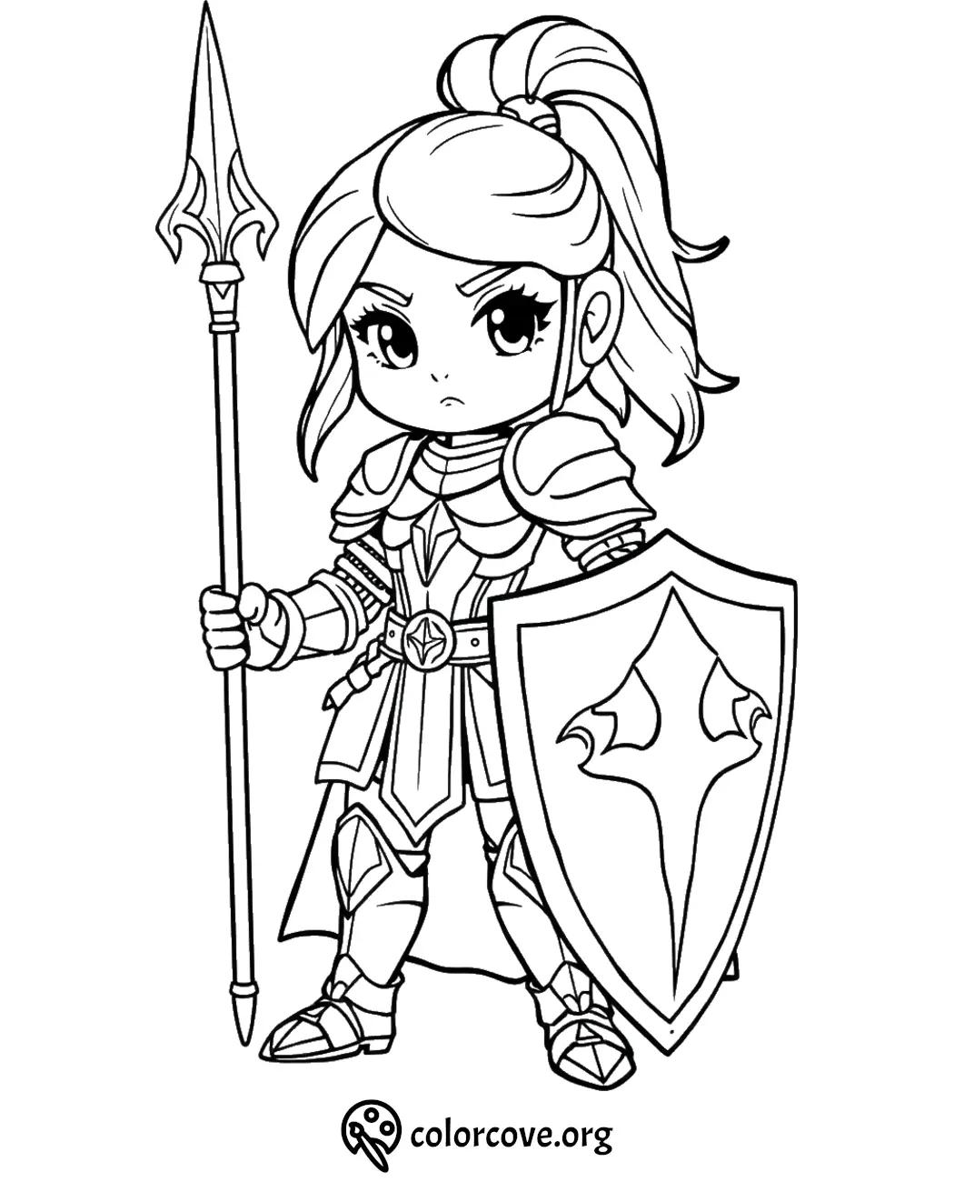 Chibi warrior girl with shield and spear coloring page, ideal for kids' creative coloring activities.