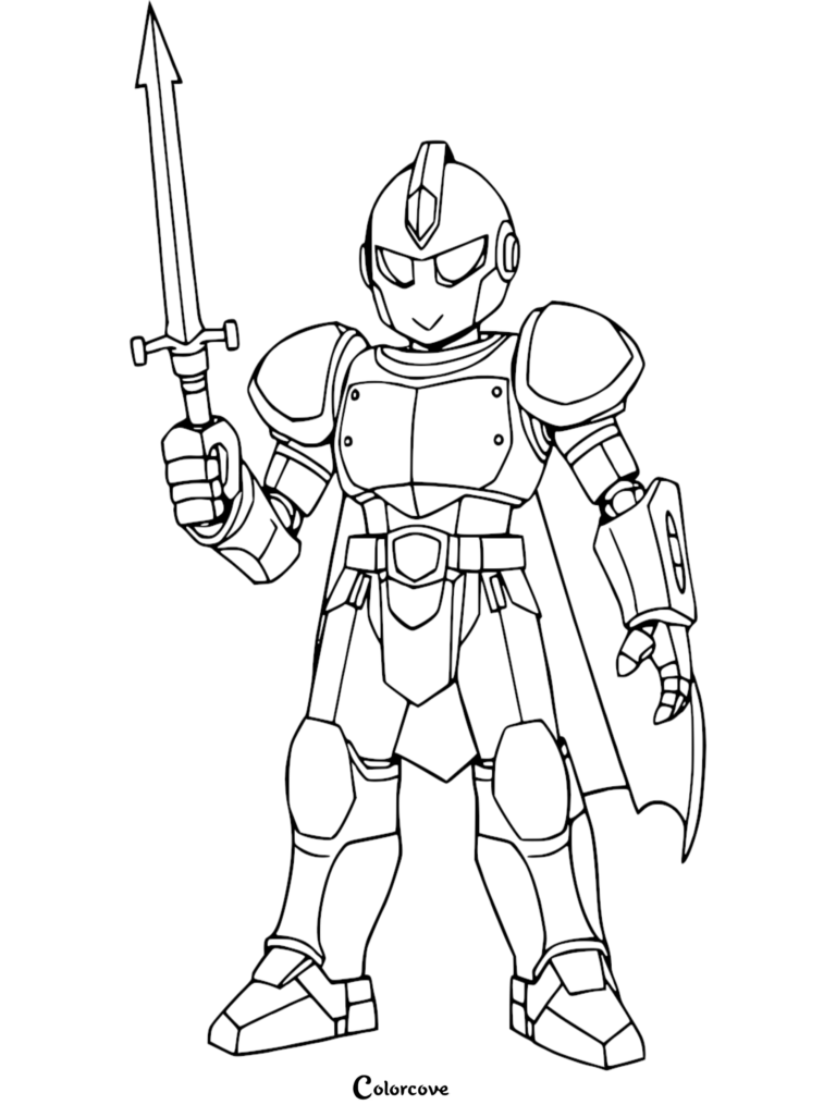 Un Caballero con armadura completa sosteniendo una espada en alto, destacado en esta página para colorear de Caballero gratuita.
