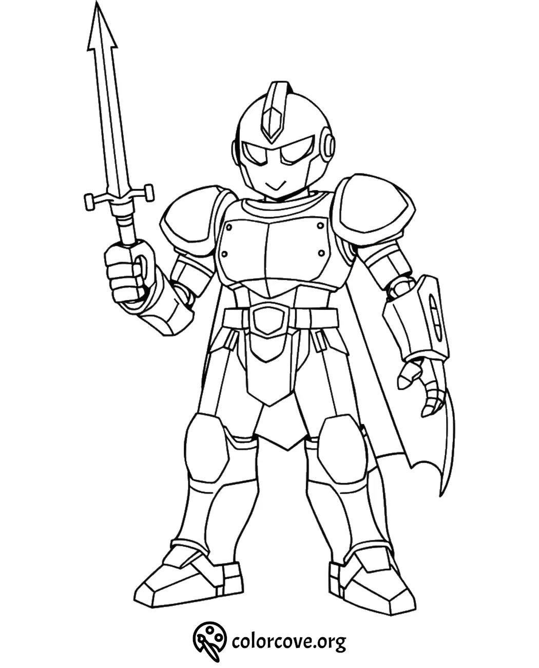 Knight in armor coloring page, holding a sword and shield, ready for battle. Perfect for kids' creative activities.