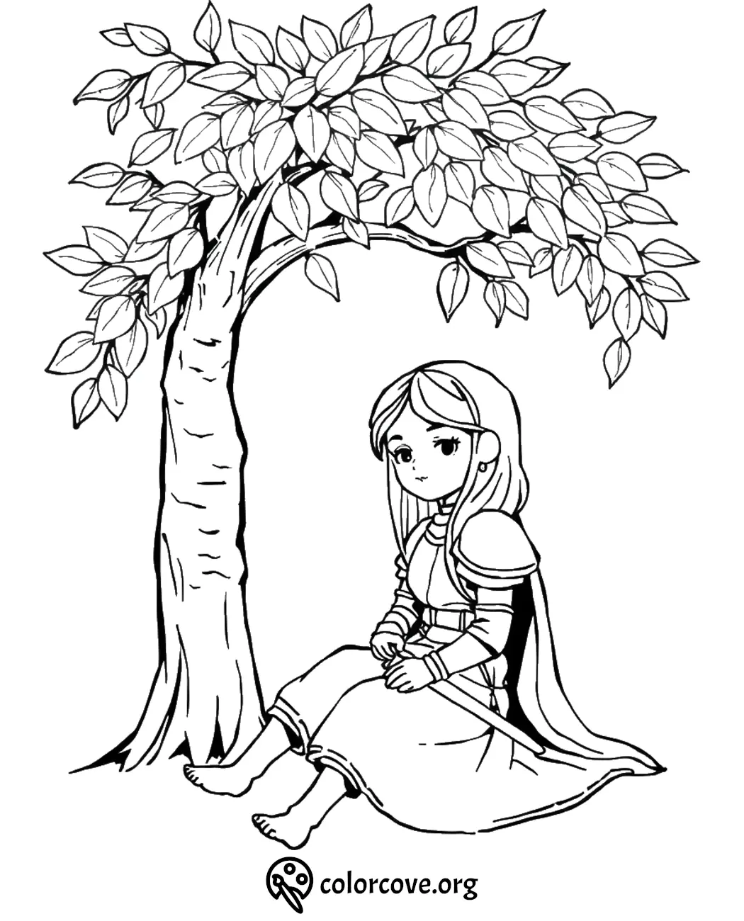 Girl in medieval dress sits under a tree coloring page.