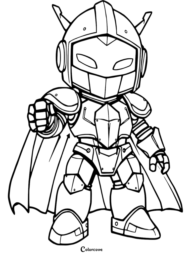 Un Caballero estilo Chibi con Armadura de placas, capa y casco señalando hacia adelante en esta página para colorear gratuita.