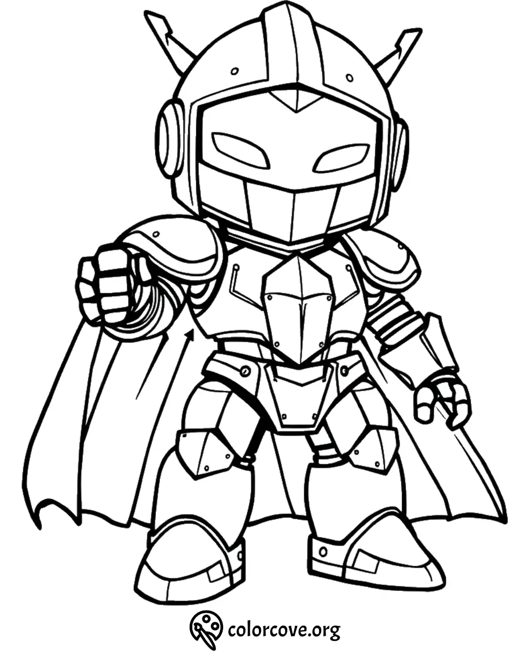 Cute robot superhero coloring page for kids with cape and armor, perfect for creative fun and imaginative play.