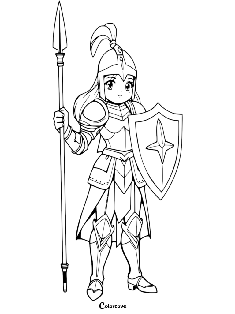 Mujer caballero estilo anime sosteniendo una lanza larga y un escudo con relieve de estrella en esta página para colorear imprimible gratuita.