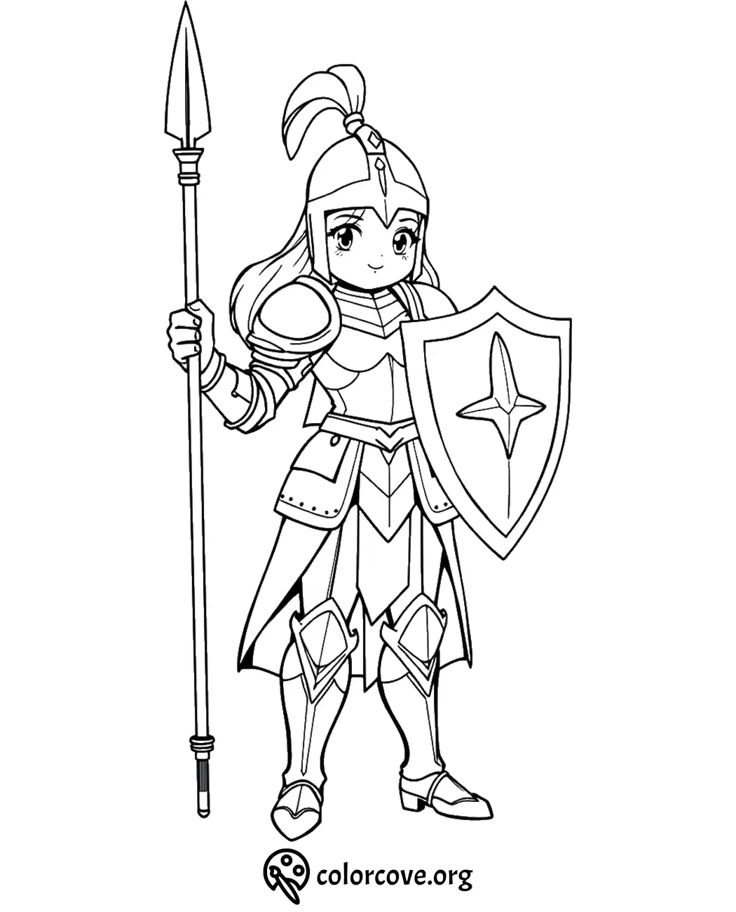 Anime knight girl coloring page with spear and shield, detailed armor and helmet. Ideal for kids' creative activities.