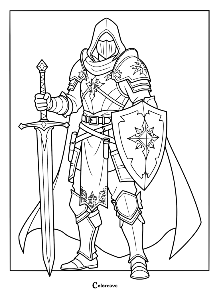 Un caballero encapuchado con una ornamentada armadura de placas, sosteniendo una espada larga y un escudo con una estrella grabada, página para colorear.