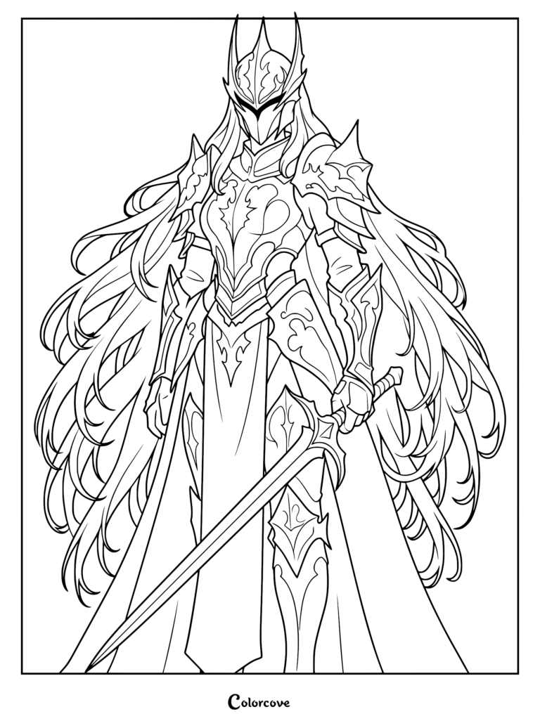 Una página para colorear que presenta a un caballero de fantasía con cabello largo y fluido, vistiendo una ornamentada armadura con pinchos y sosteniendo una espada.
