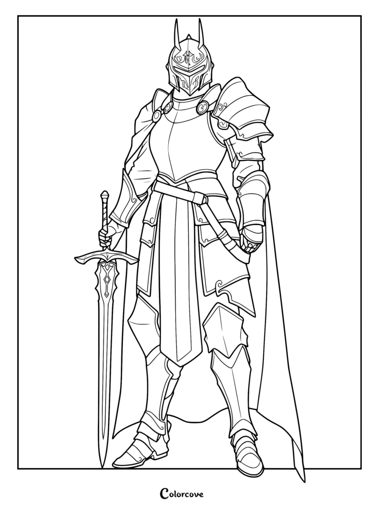 Un caballero con armadura de placas completa, con un casco con cuernos y una capa larga sosteniendo una espada, página para colorear.