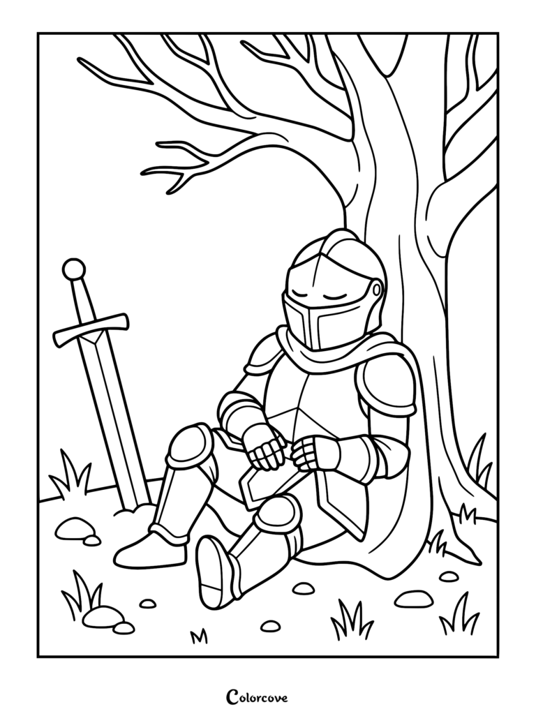 Un caballero con armadura de placas completa durmiendo contra un árbol con una espada clavada en el suelo cerca, página para colorear.