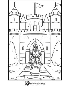 Knight standing guard at a medieval castle entrance on a coloring page from colorcove.org.