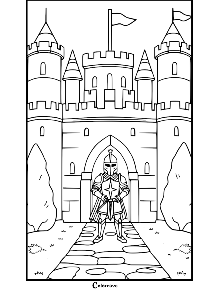 Un caballero haciendo guardia frente a la puerta de un gran castillo en esta página para colorear imprimible gratuita.