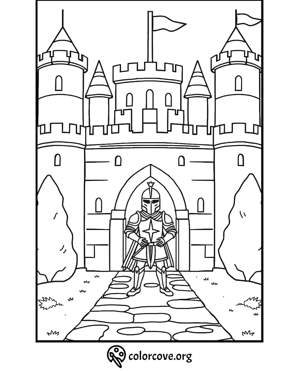 Knight standing guard at a medieval castle entrance on a coloring page from colorcove.org.