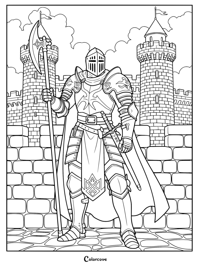 Un caballero con armadura de placas completa sosteniendo una alabarda alta frente a la puerta de un castillo de piedra en esta página para colorear imprimible.