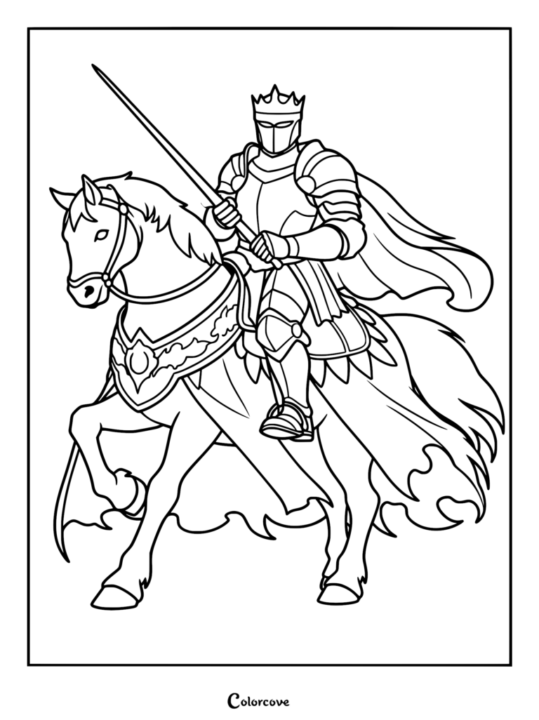 Un Caballero medieval con corona y armadura montando un caballo con una Lanza en esta página para colorear.