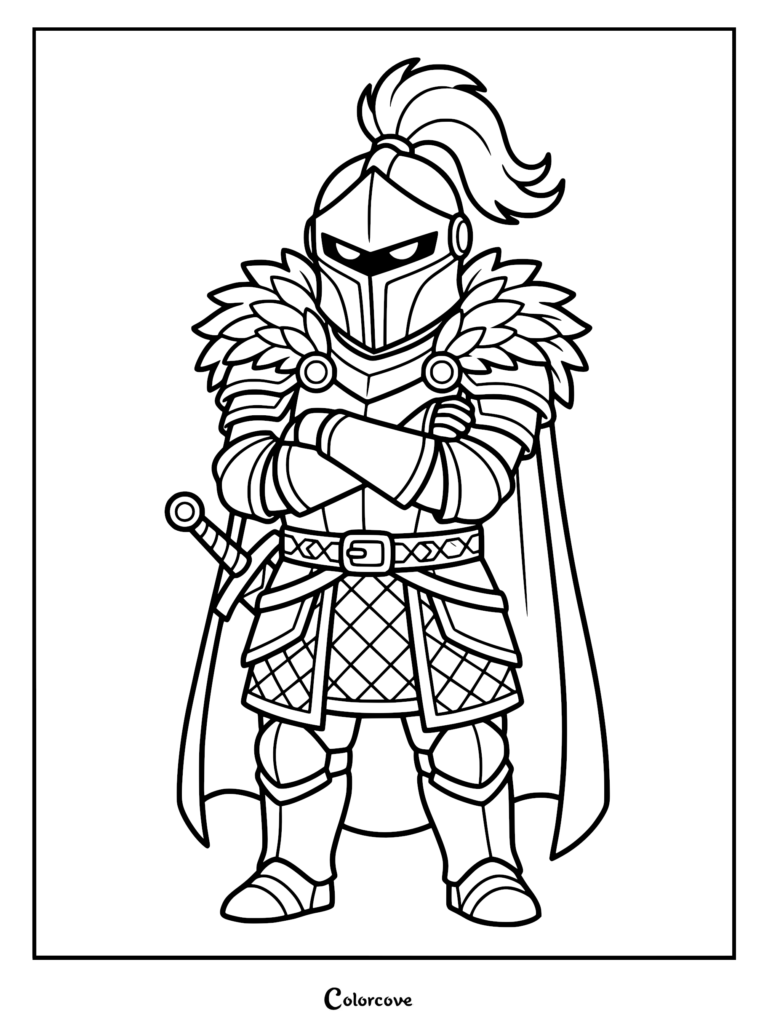 Un Caballero Chibi con armadura completa, hombreras de plumas y casco con penacho, de pie con los brazos cruzados, página para colorear.