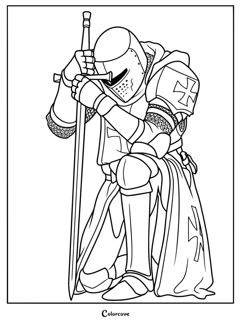Un caballero medieval con armadura de placas completa y una sobrevesta con un emblema de cruz, arrodillado en oración mientras sostiene una espada, página para colorear en blanco y negro.