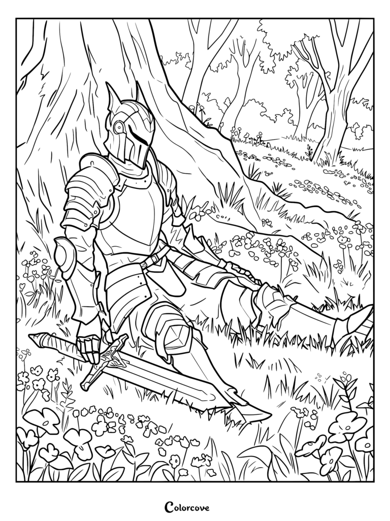 Un caballero con armadura de placas completa y un casco con cuernos descansando contra un gran árbol en un prado lleno de flores, sosteniendo una espada, página para colorear de arte lineal.
