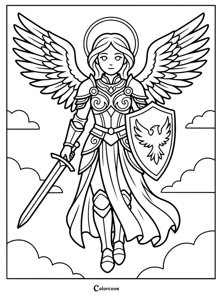 Caballero ángel con grandes alas, halo, espada y Escudo con emblema de Fénix en esta página para colorear.