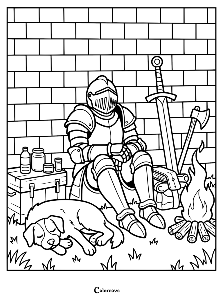 Un Caballero con armadura completa descansando junto a una fogata con un perro durmiendo, espada, hacha y caja de suministros, página para colorear.