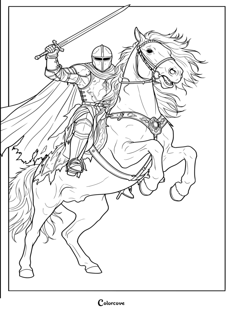 Un Caballero con Armadura de placas sosteniendo una espada en alto mientras monta un caballo encabritado, página para colorear con arte lineal detallado.