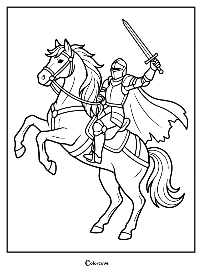Un Caballero con Armadura de placas sosteniendo una espada en alto mientras monta un caballo encabritado en esta página para colorear.