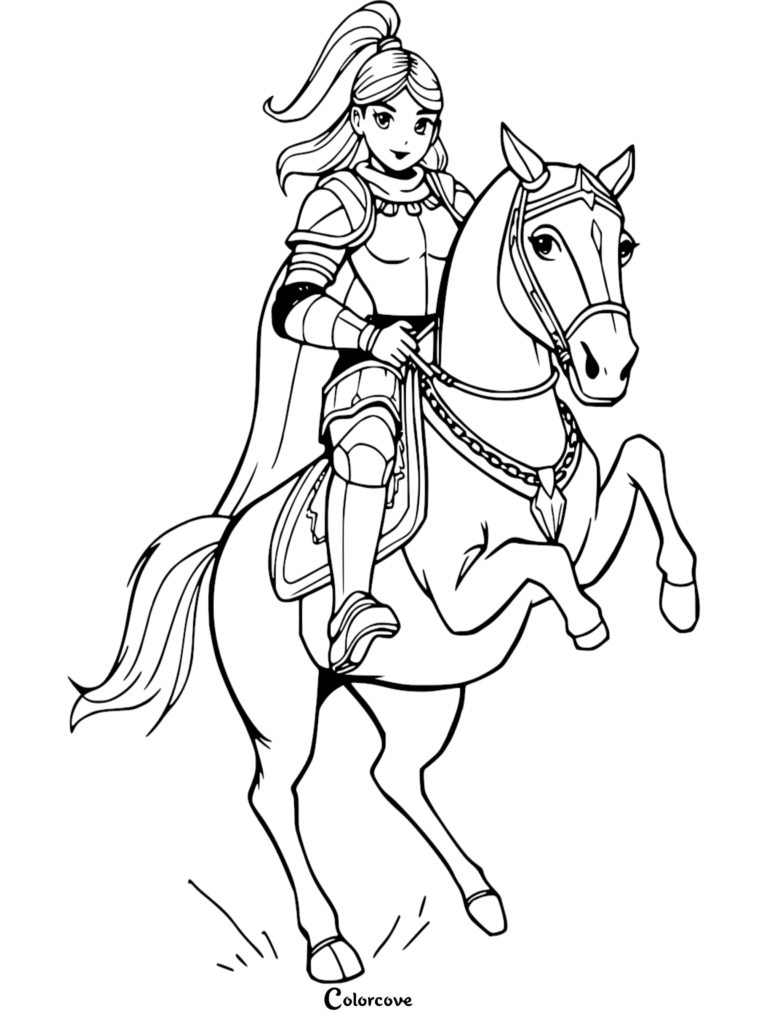 Una Caballero mujer con armadura montando un caballo encabritado en esta página para colorear de Caballero gratuita.