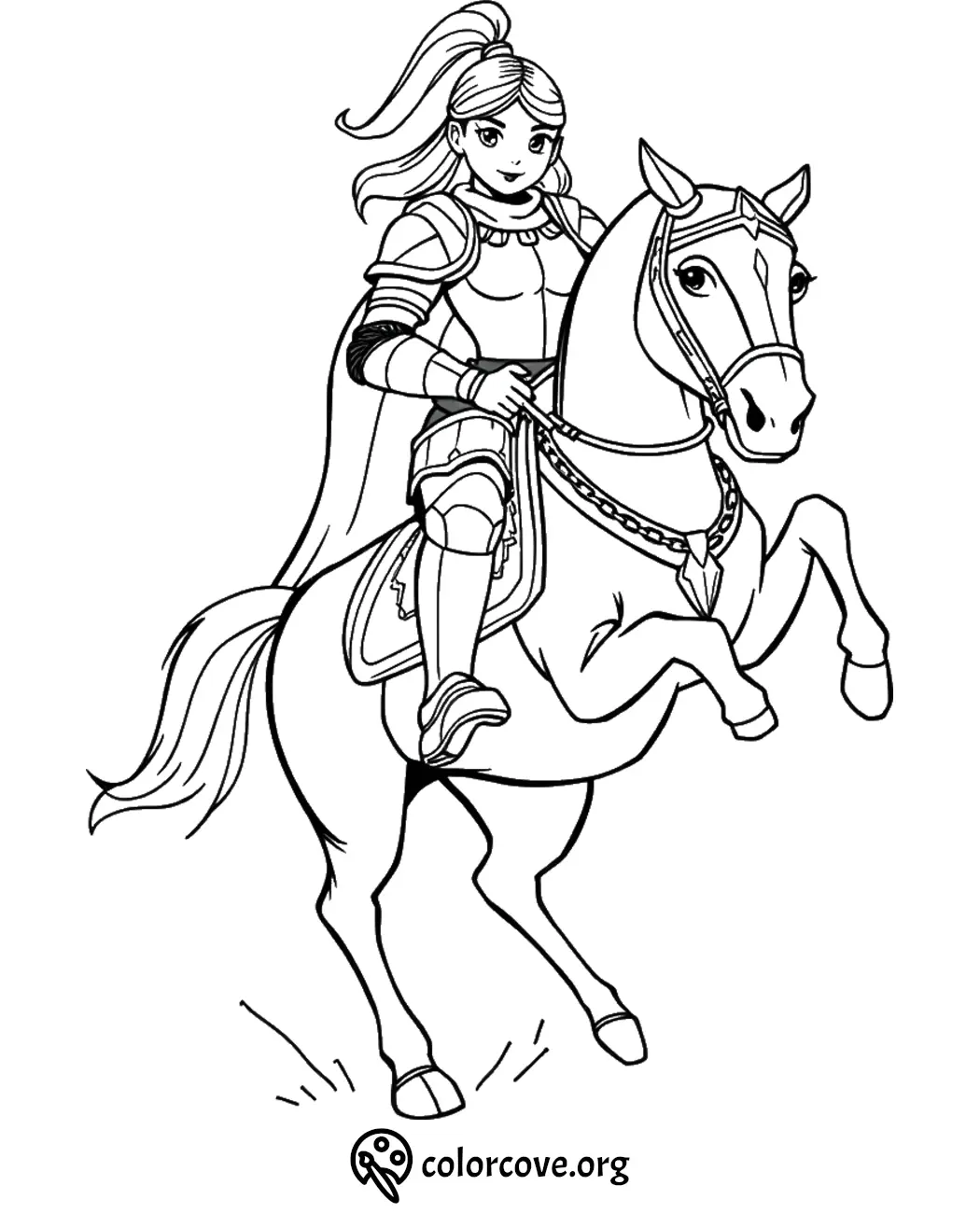 Knight girl on horse coloring page for kids. Printable fantasy artwork featuring a horse and armored rider.