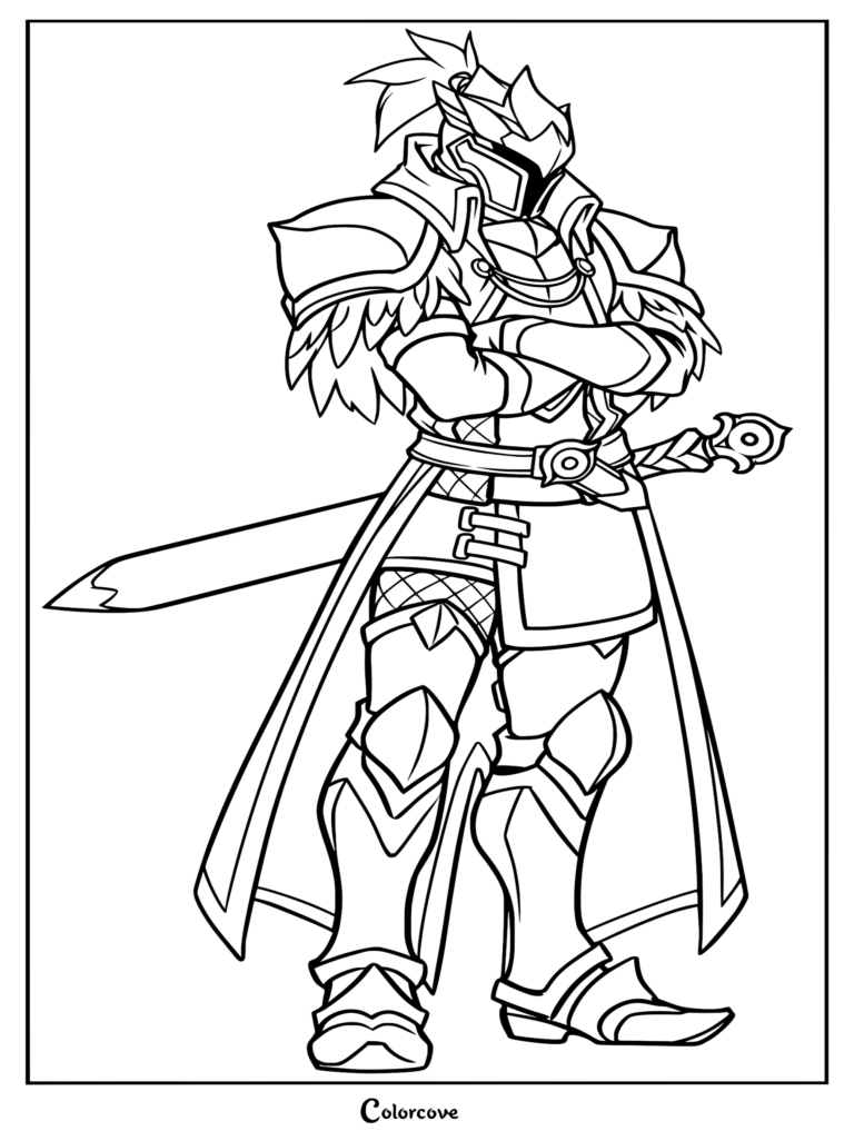 Una página para colorear que presenta a un caballero estoico con una ornamentada armadura de placas, con un manto de plumas y una espada en la cadera.